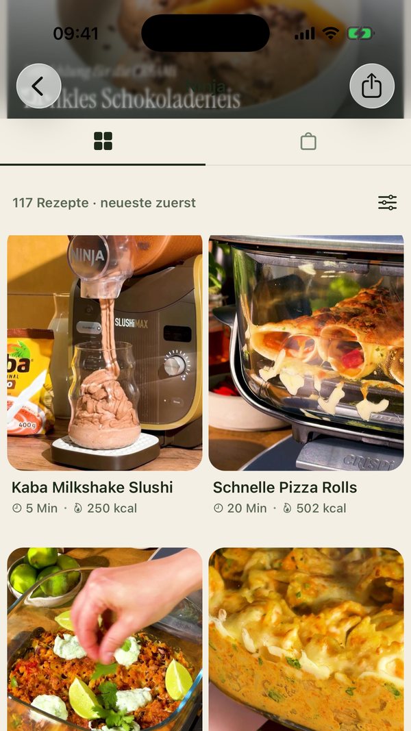 Markenprofil von Ninja in der Foodoholic App, Kaba Milkshake Slushi als neuestes Rezept