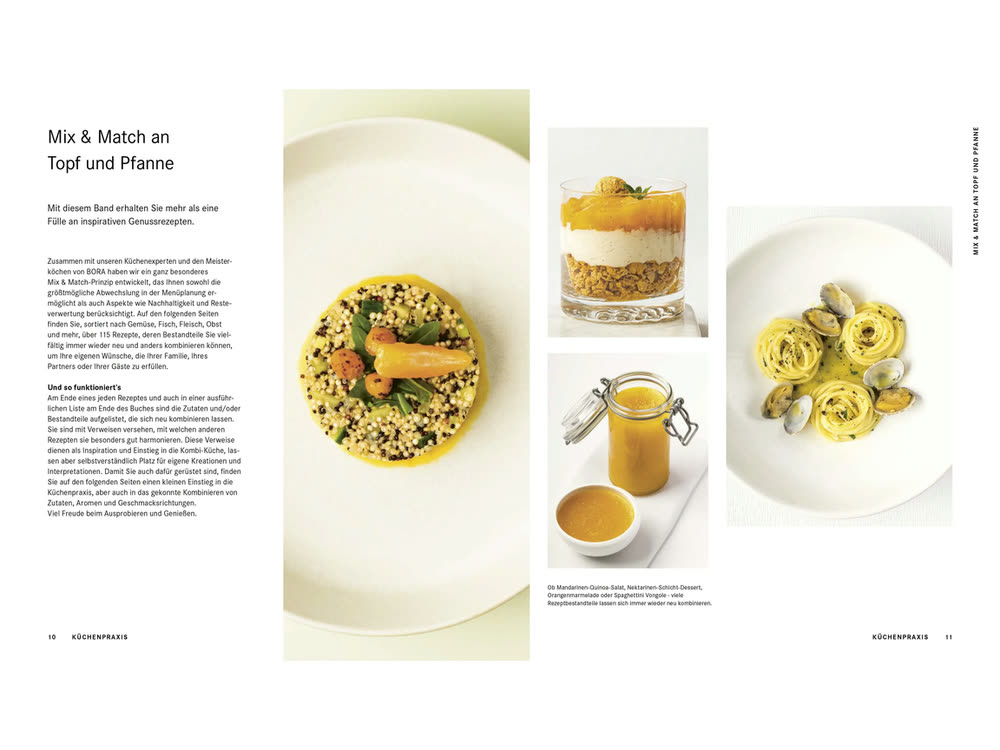 Doppelseite aus dem BORA-Kochbuch mit Rezeptstrecke